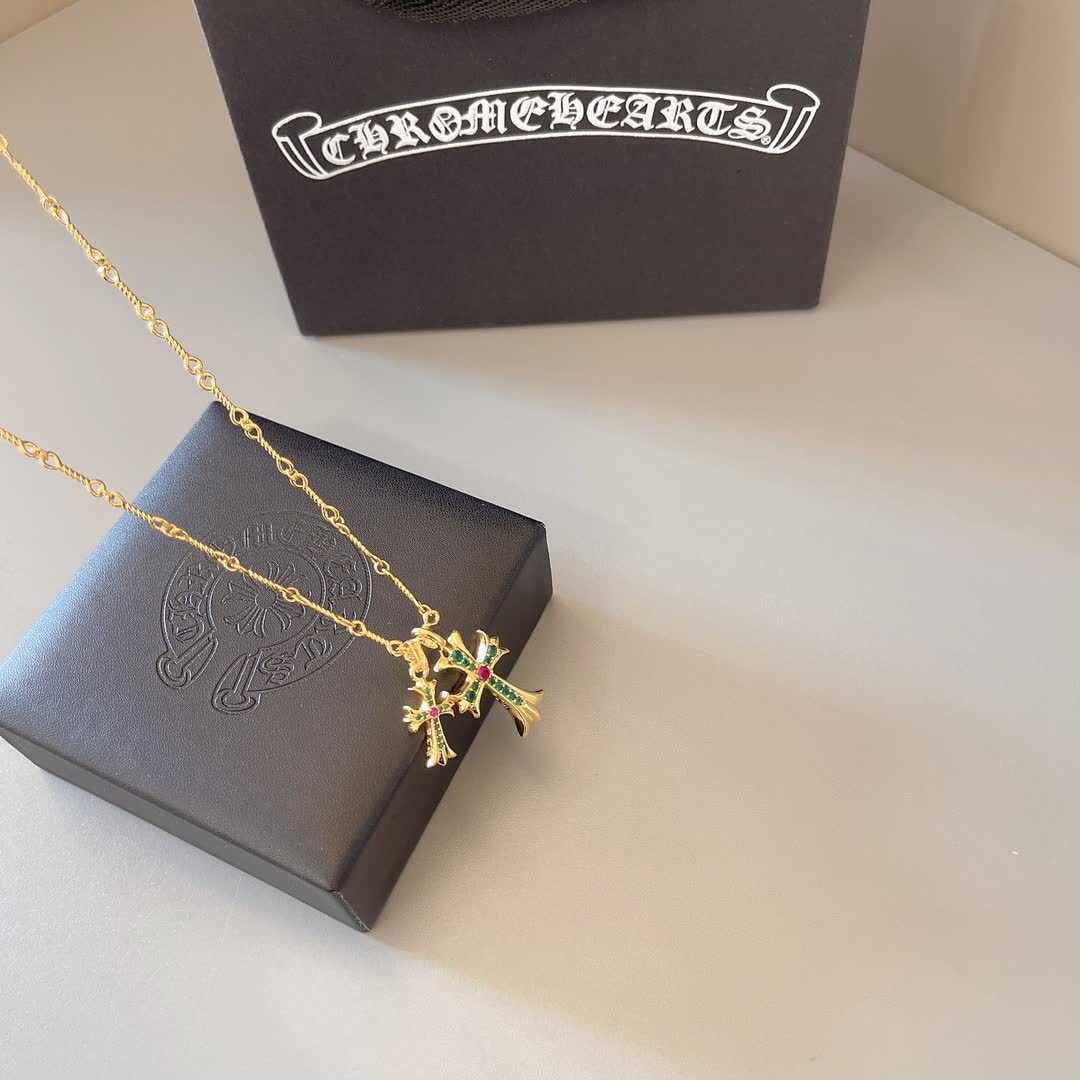 Chrome Hearts Gold-Plated Cross Pendant Necklace